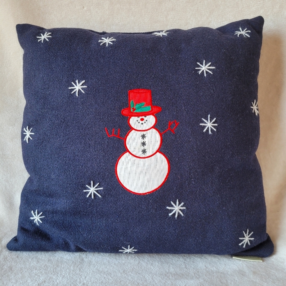 Wool Christmas decorative pillow 14" navy blue snow flakes snowman winter scene